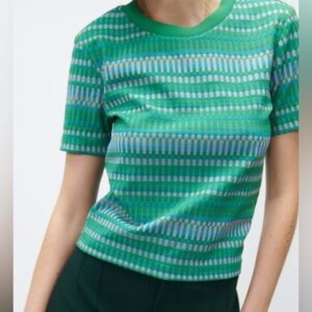 Zara Green and Teal Short Sleeve Striped Knit Top